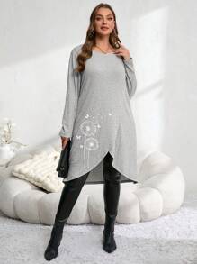 EMERY ROSE 大码女式蝴蝶和蒲公英印花圆领长袖环绕式下摆休闲 T 恤，秋季女装 - 灰色 - 查看 6