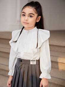 SHEIN Blusa blanca de niña con cuello con volantes, el detalle con volantes en la parte delantera agrega una sensación de capas y dulce al diseño general, puños ligeramente recogidos con mangas abombadas que muestran un estilo retro-chic único, adecuado para usar por sí solo o en capas, apropiado para exteriores, fiestas y eventos en otoño/invierno - Blanco - Ver 3