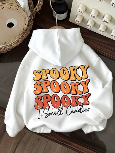 SHEIN Tween Girl Casual Minimalist Cute "SPROOKY" Letter Print White Long Sleeve Hoodie, Suitable For Autumn/Winter Halloween Girls Costumes, Halloween Tween Girl Clothes, Sweatshirt