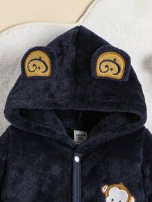 Infant Cute Cartoon Monkey Embroidered Fleece Romper Pajamas - Royal Blue - View 3