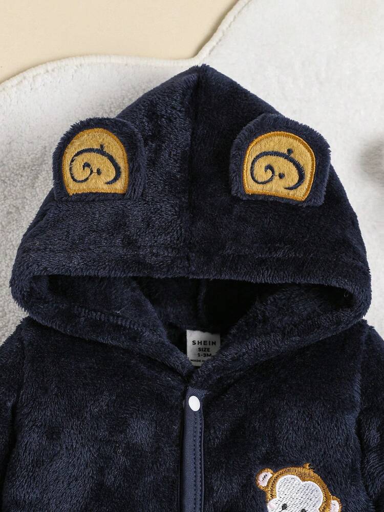 婴儿可爱卡通猴子刺绣抓绒连体睡衣 - 寶藍色 - 查看 3