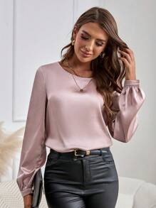 EMERY ROSE Women's Elegant Commuter Style Round Neck Long Sleeve Shirt