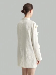 Ontre White 3D Floral High Neck Long Sleeve Elegant Dress