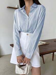 DAZY Women's Plain Loose Turndown Collar Long Sleeve Textured Shirt, Blouse,Fall Clothes - Blue - View 4