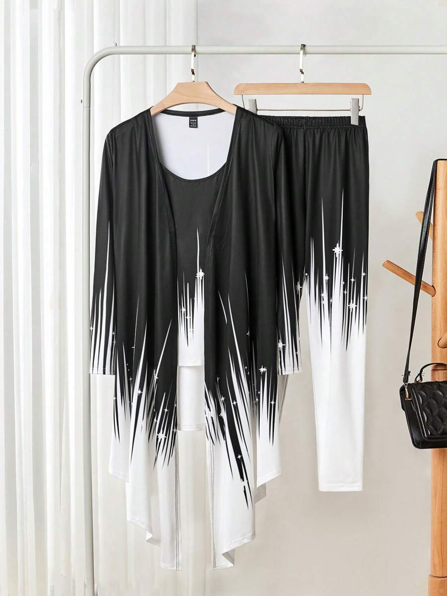 SHEIN LUNE Setelan Jaket Wanita Kasual Motif Blok Warna, Atasan Lengan Panjang dan Celana Panjang untuk Musim Gugur, Musim Semi/Musim Gugur - Hitam dan Putih - View 1