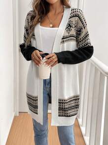 SHEIN LUNE Geometric Print Color Block Waist Belt Cardigan Fall Cloth For Women - Multicolor - View 3