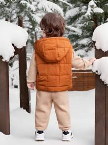 SHEIN 3 sztuki/zestaw chłopięcy ciepły jednolity kolor polarowa kamizelka, bluza z kapturem, zestaw długich spodni na jesień i zimę, odpowiedni na zewnątrz, narciarstwo