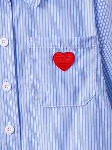 SHEIN Leap Crew Áo sơ mi sọc vai thả thêu hình trái tim cho bé gái, thích hợp mặc thường ngày & đi học hàng ngày vào mùa hè & mùa thu - Nhiều màu - Xem 5