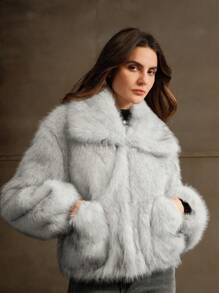 SHEIN X Lucía Bellido Anewsta Áo khoác nữ cổ điển dài mềm mại bồng bềnh Ombre - trắng - Xem 2