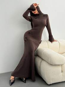 Calvaya High Neck Fitted Semi-Sheer 3D Floral Long Women's Sweater Dress