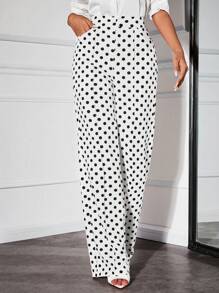 SHEIN SXY Pantalones rectos elegantes con estampado de lunares negros y blancos para mujeres - Blanco y Negro - Ver 4