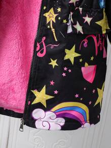 Sparklyn Tween Girl Heart & Star Print Thermal Lined Hooded Casual Jacket For Winter - Black - View 4