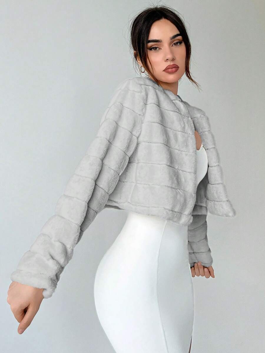 Aloruh Women Solid Color Fluffy Short Cardigan Jacket, Autumn/Winter