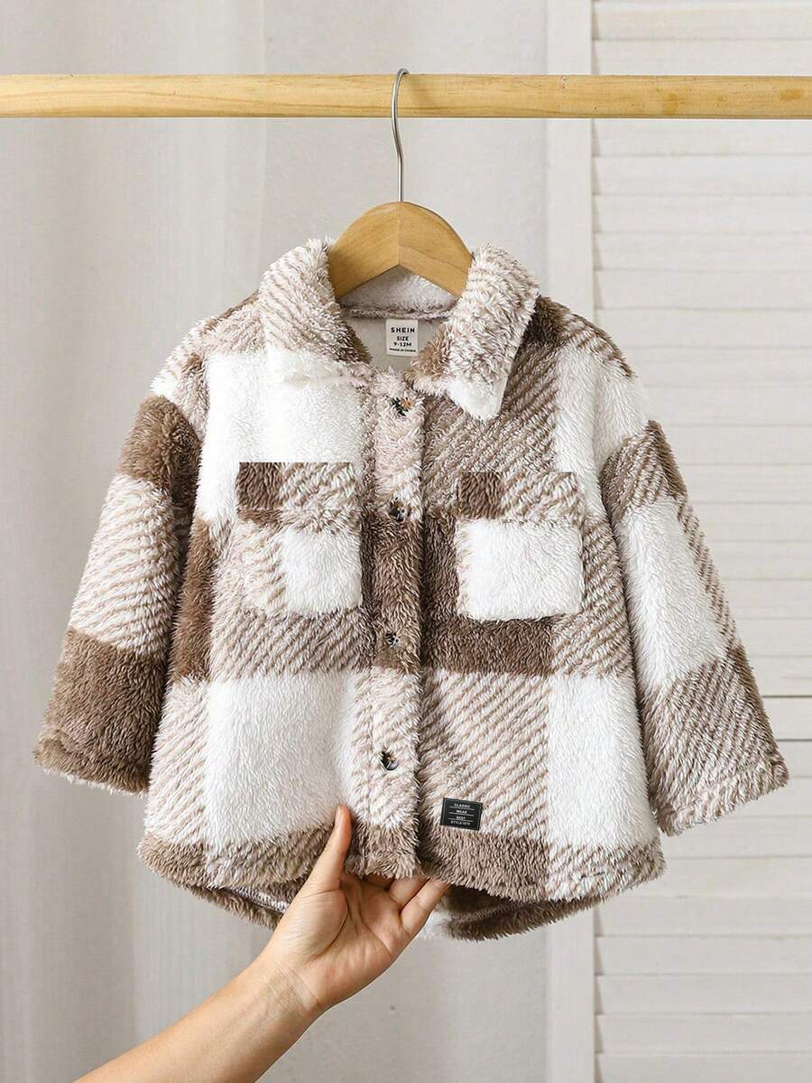 1pc Unisex Casual Academia Comfortable Fashion Simple Versatile Soft Textured Plaid Fleece Mid-Length Windbreaker Jacket, Suitable For Daily, School, Outing, Sports, Autumn/Winter Season