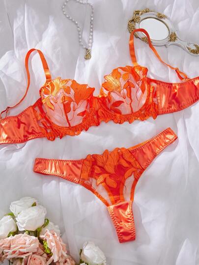 2pcs/Set Orange Plus Size Sexy Bra And Panty Lingerie Set, Lift