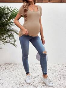 SHEIN 3pcs Maternity Casual Simple Black White & Gray Square Neck Short Sleeve Fitted Pregnancy Tops, Summer