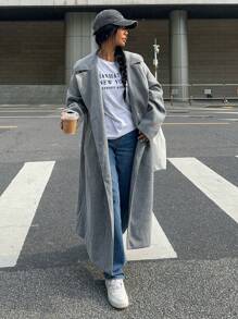 SHEIN EZwear 女士纯色长袖休闲双排扣翻领羊毛大衣，秋冬 - 灰色 - 查看 3