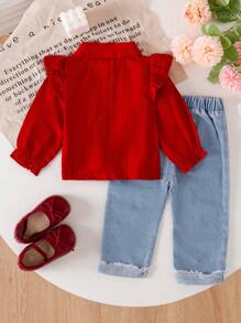 SHEIN Genkimix Kids Bộ 2 món áo thêu ngôi sao mùa thu cho bé gái và quần denim - Đỏ - Xem 2
