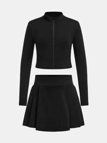 SHEIN 2pcs Tween Girls Casual Open Front Solid Color Jacket And Pleated Hem Skirt Sports Set - Black - View 1