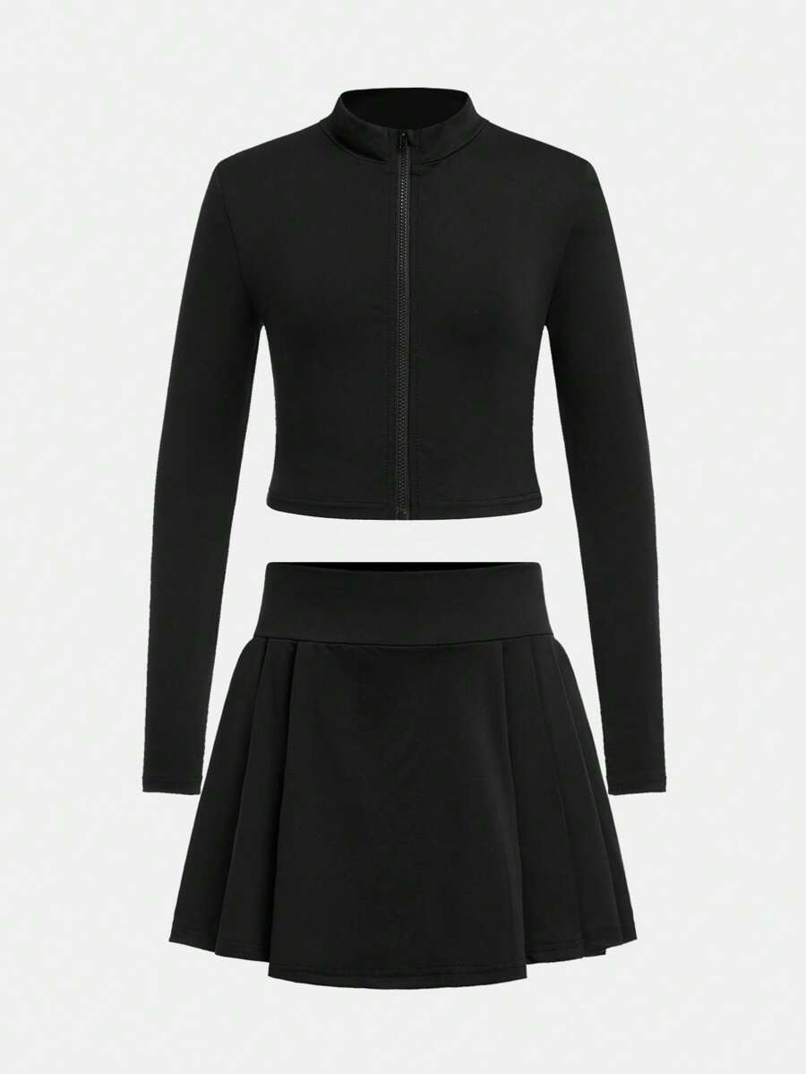 SHEIN 2pcs Tween Girls Casual Open Front Solid Color Jacket And Pleated Hem Skirt Sports Set - Black - View 1