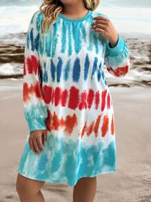 Plus Size Allover Print Crew Neck Long Sleeve Sweatshirt Pullover Fall Outfit - Multicolor - View 6