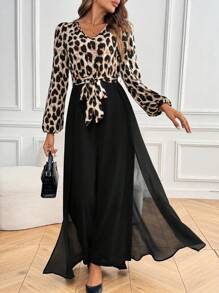 SHEIN Clasi 女式春夏豹纹 V 领灯笼袖优雅连体裤 - 彩色 - 查看 6