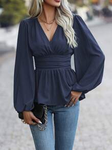 EMERY ROSE Blusa sencilla de manga larga con cuello en V y volantes, unicolor, informal y tipo peplum - Azul Marino - Ver 3