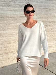 SHEIN Cottnline Pulover pulover elegant, cu gât rotund, cu dantelă la spate - alb - Vizualizare 2