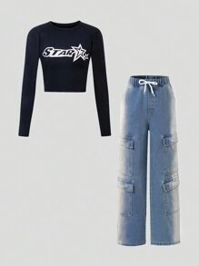 Conjunto informal para niña preadolescente de sudadera ajustada con gráfico de letras + jeans informales de pierna acampanada, Primavera/Otoño