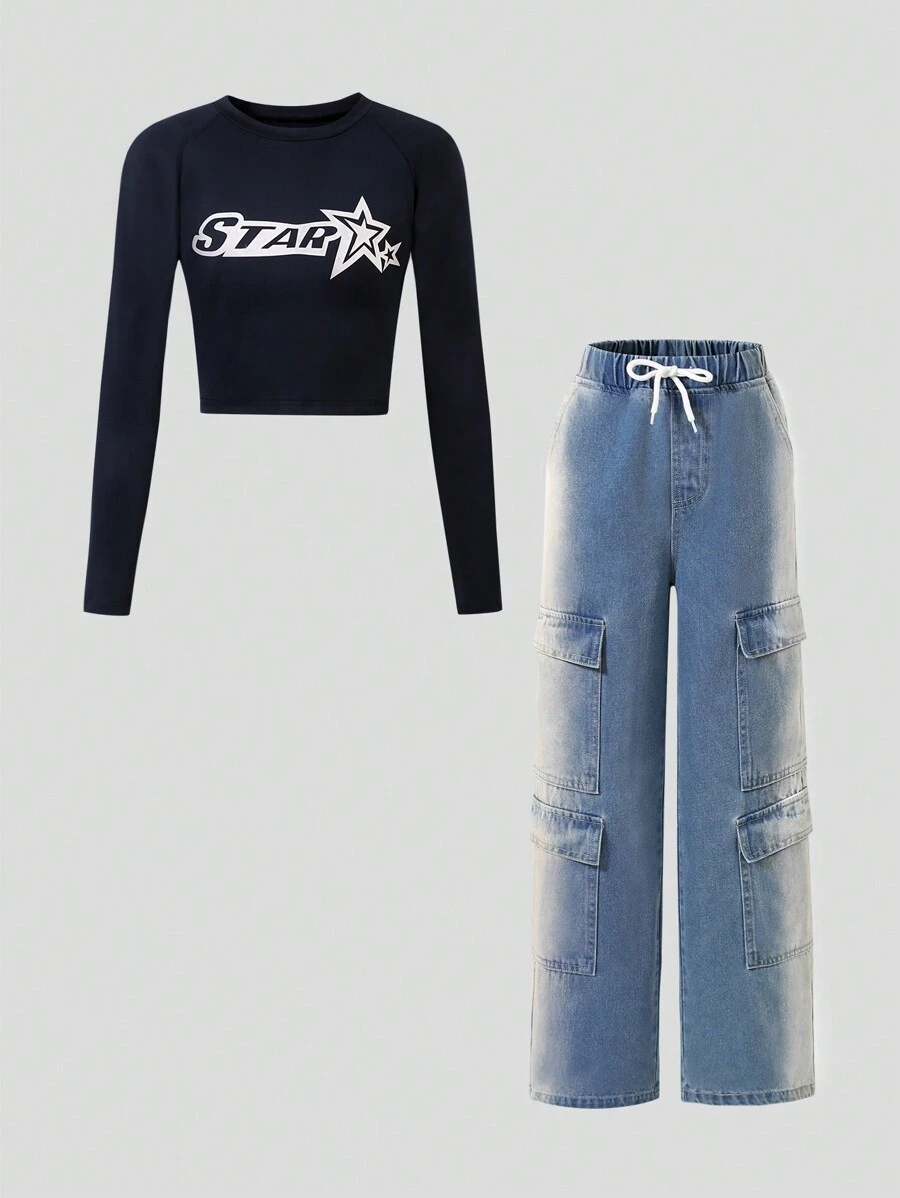 Conjunto informal para niña preadolescente de sudadera ajustada con gráfico de letras + jeans informales de pierna acampanada, Primavera/Otoño