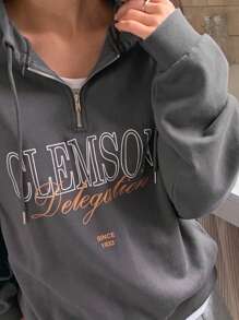 DAZY Women's Mock Neck Half-Zip Letter Print Sweatshirt,Fall Clothes Hoodie - Grey - View 9