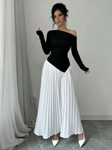 Rafferiza Women's Asymmetrical Neck Ruched Fitted Ruched Hem Elegant Dress Maxi Women Outfit Fall Cloth For Women - Black and White - View 5