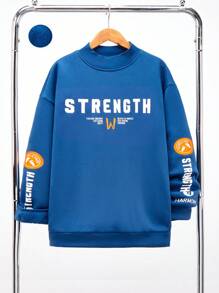 SHEIN Áo nỉ chui đầu cổ phễu thường ngày cho bé trai tuổi teen có họa tiết đồ họa, màu xám khói/xanh lam, lót nhiệt, thích hợp cho mùa thu, đông, ấm áp, đi học, ở nhà, hàng ngày, thể thao, tiệc sinh nhật, đi chơi, thiết kế đơn giản và phù hợp - Màu xanh bụi bặm - Xem 3