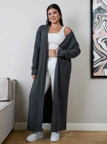 EURMUSE 大码女式几何图案长袖前开长款开衫，适合秋冬季 - 灰色 - 查看 4