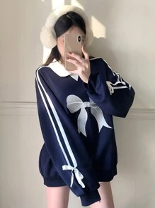 DAZY Women's Contrast Color Patchwork Ribbon Tie Embroidered Bow Sweatshirt,Long Sleeve Tops,Fall Clothes,Thermal Lined - Navy Blue - View 3