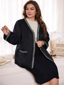 Lacomfia Plus Size Spring Autumn Casual Strap Patchwork Jacket, Elegant Tweed Coats, For Evening Party Formal/Wedding Guest/Anniversary Black - Black - View 4