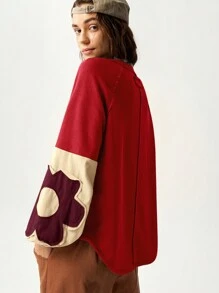 Bohemela 女士花卉拼色圆领长袖休闲舒适运动衫 - 彩色 - 查看 4