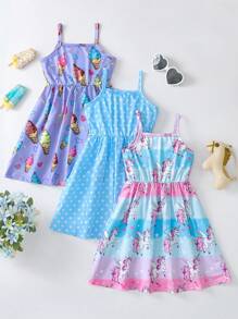 SHEIN 3 件套女孩独角兽和冰淇淋印花舒适细肩带连衣裙适合小女孩夏季派对/节日搭配姐妹装礼物 - 彩色 - 查看 2