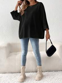 SHEIN Maternity Solid Round Neck Casual Knit T-Shirt - Black - View 3