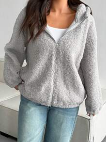 Flirla Plus Size Solid Color Long Sleeve Minimalist Hooded Jacket, Casual Everyday Wear - Grey - View 2