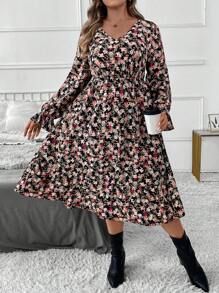 SHEIN Clasi Maxikleid mit langen Ärmeln und Blumenmuster, Damen Große Größen Elegantes Lässig Alltagskleid, Herbst Winter - Verschiedenfarbig - Übersicht 5