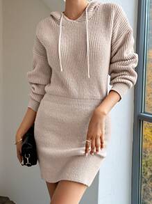 SHEIN LUNE 女士纯色长袖简约连帽休闲毛衣连衣裙 - 卡其色 - 查看 4