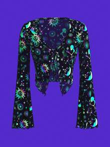 SHEIN ICON Áo Halloween Y2K tay chuông dài buộc dây in toàn thân xuyên thấu trong suốt - Nhiều màu - Xem 3