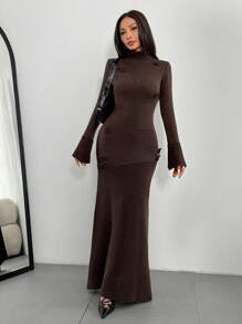 Calvaya High Neck Fitted Semi-Sheer 3D Floral Long Women's Sweater Dress
