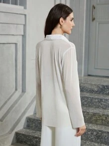 SHEIN Privé 女式纯色长袖休闲衬衫，春夏 - 白色 - 查看 2