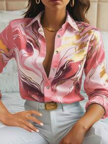 SHEIN Clasi 大码花卉印花纽扣长袖休闲衬衫 - 粉色 - 查看 1