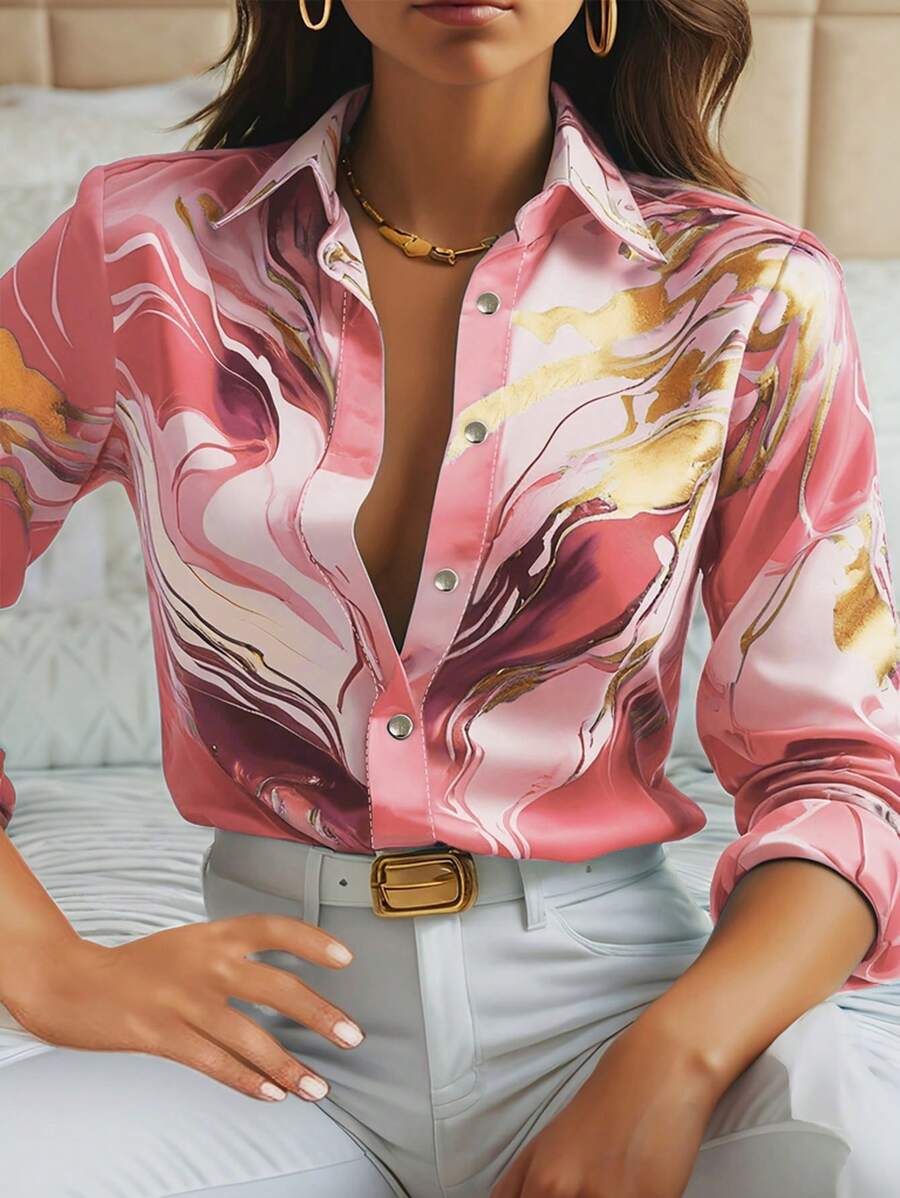 SHEIN Clasi 大码花卉印花纽扣长袖休闲衬衫 - 粉色 - 查看 1