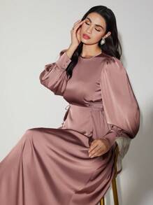 Veilorie 女士栗色长袖优雅连衣裙、正式连衣裙、秋季朴素 - 鏽棕色 - 查看 2