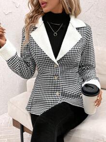 SHEIN Clasi 格子羊毛收腰纽扣长袖保暖夹克冬季女士夹克 - 黑與白 - 查看 3