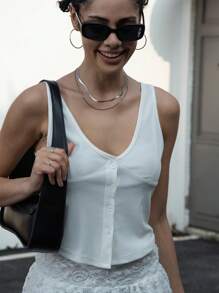 SHEIN ICON Damen ärmeloses Tanktop mit Knöpfen, unifarben, Lässig - Weiss - Übersicht 1